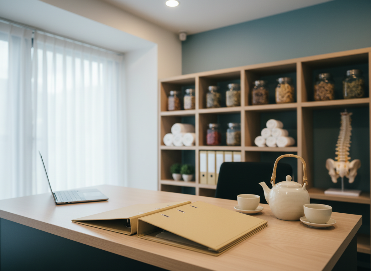 A serene consultation room designed for an integrative wellness practitioner, featuring a pale wood desk with neatly stacked client folders without visible text, a laptop, and a ceramic teapot beside two empty cups. Shelves in the background hold carefully arranged glass jars of eastern herbs, rolled white towels, and a model of the human spine. Soft, indirect ceiling lighting combines with muted daylight from a side window, creating an even, tranquil glow. Photographic realism, composed using the rule of thirds, with the desk in the foreground and the shelves slightly out of focus. The mood is calm, competent, and welcoming, illustrating a thriving, professional health and wellness practice environment.