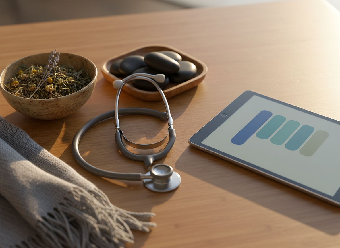 A close-up of a polished bamboo desktop arranged for a holistic wellness coach’s planning session, featuring a stethoscope, a small tray of smooth basalt massage stones, a ceramic bowl of dried herbs, and a minimalist tablet displaying an abstract schedule interface with color blocks instead of text. A soft gray scarf adds texture at the edge of the frame. Warm afternoon light from the side creates gentle highlights on the stones and soft shadows beneath the objects. Photographic realism, shot from a slightly elevated angle with shallow depth of field that keeps the central items crisp while the edges fade into a soothing blur, evoking balance between clinical knowledge and holistic practice in a wellness career.