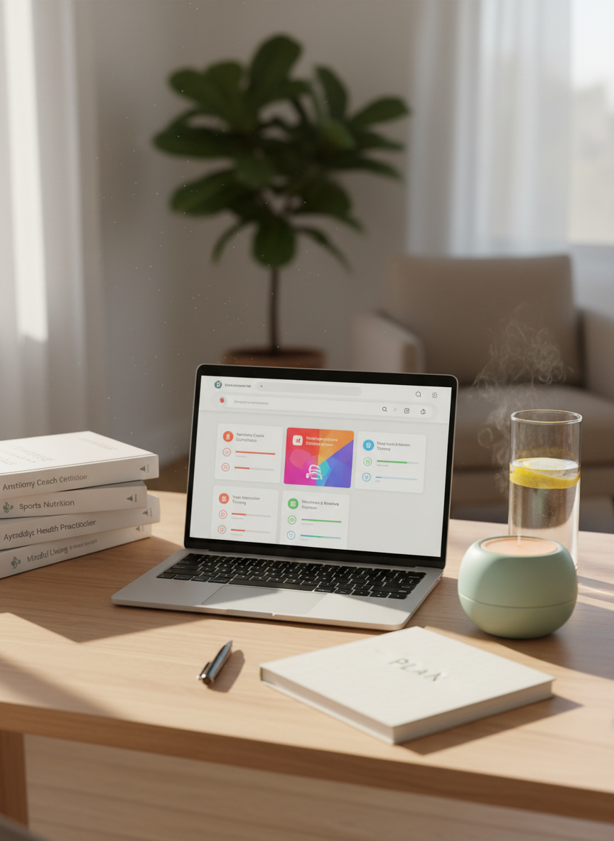 A clean, sunlit home workspace dedicated to planning a wellness career, featuring an open laptop displaying a dashboard of courses and certifications, surrounded by neatly stacked health and wellness textbooks, a glass water bottle with lemon slices, and a small jade-green diffuser emitting a faint mist. The desk is pale wood with a soft linen notebook and pen aligned carefully. Morning light pours through an unseen window, creating gentle shadows and a calm, focused atmosphere. Photographic realism, shot at eye level with a slight angle, sharp focus on the desk surface and a softly blurred, minimal background, conveying professionalism, clarity, and possibility in wellness career growth.