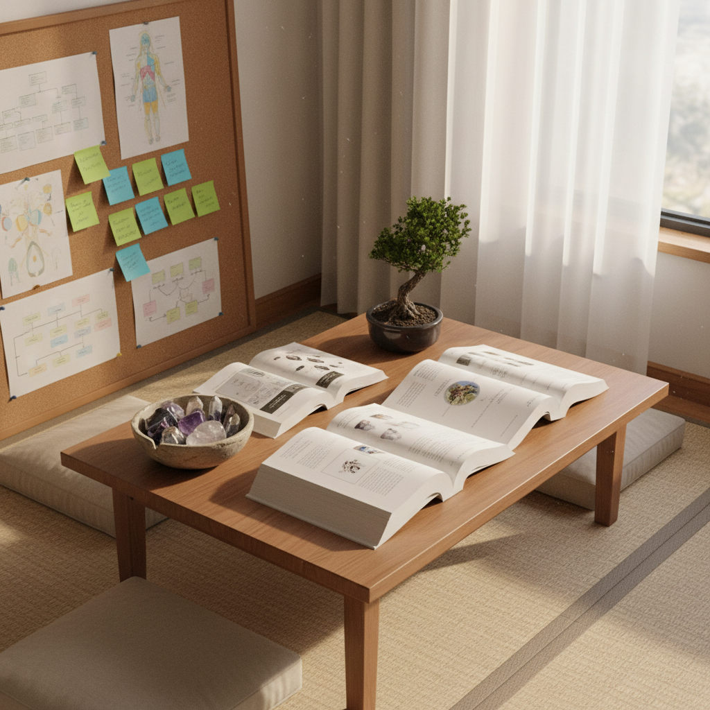An organized learning corner focused on eastern medicine careers, with a low wooden table holding open reference books on acupuncture and herbal therapy, pages visible but without legible text. Nearby, a corkboard displays pinned diagrams and color-coded sticky notes, all abstracted and unreadable. A potted bonsai and a ceramic bowl of polished crystals add natural elements. Gentle morning light filters through sheer curtains, creating soft, dappled patterns on the tatami-style flooring. Photographic realism, shot from a slightly elevated, three-quarter angle with moderate depth of field. The atmosphere is thoughtful and aspirational, suggesting a woman carefully mapping her path into specialized wellness careers in a peaceful, study-focused setting.