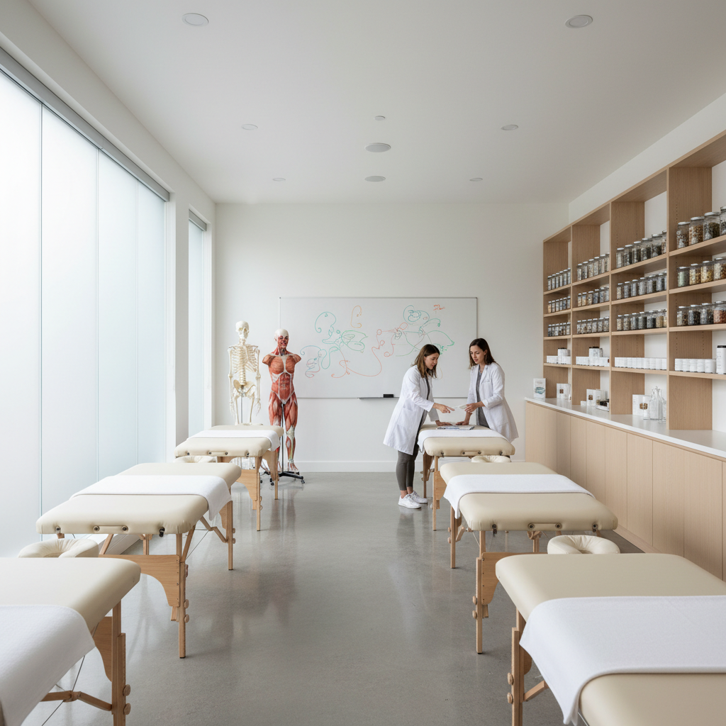An airy, modern training studio for health and wellness professionals, with neatly arranged treatment tables, anatomical models of the human body, and open shelves lined with herbal jars and neatly labeled containers. A large whiteboard at the far end shows abstract diagrams without readable text. Soft, diffused daylight enters through tall frosted windows, casting even light across the room and subtle reflections on polished concrete floors. Photographic realism, wide-angle composition with strong depth of field, creating a spacious, organized environment. The mood is professional yet nurturing, suggesting a space where women in wellness learn, collaborate, and advance their careers in a calm, supportive setting.