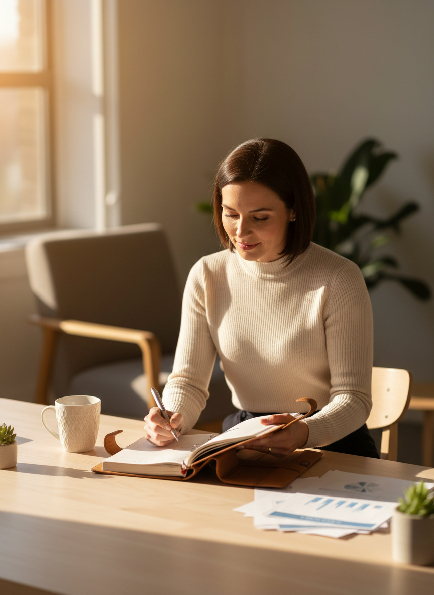 A woman in business casual confidently reviewing documents in a warm, light-filled workspace