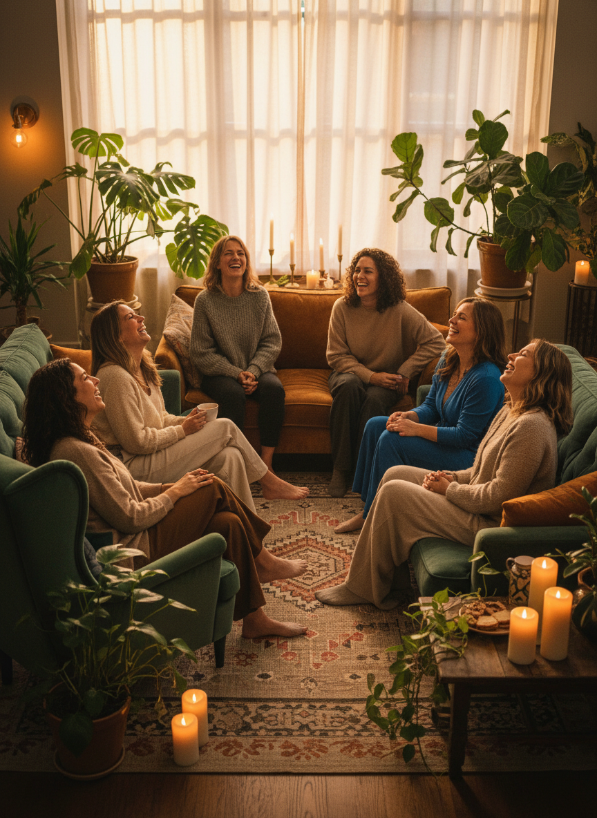 A group of diverse women laughing and connecting in a warm, cozy gathering space