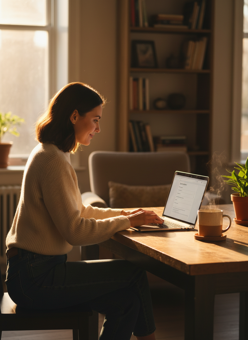 A warm, cozy scene of a professional woman sitting at a desk or kitchen table, filling out job applications on a laptop. She looks focused and hopeful, dressed in smart casual attire. The lighting is warm and golden — natural light coming through a window. The setting feels inviting and personal, with soft wooden tones, perhaps a mug of tea nearby. The mood is optimistic and empowering.