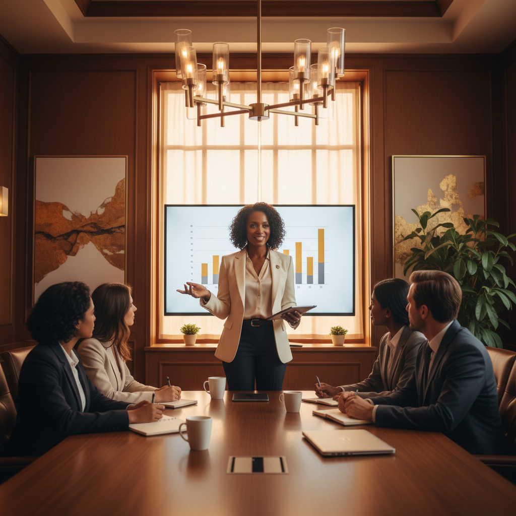 A warm, professional image of a Black woman confidently leading a business meeting. She is standing at the head of a table, presenting or speaking to a small group of engaged colleagues. The room has warm, golden lighting with wooden tones and a modern, upscale feel. She is dressed in smart professional attire, poised and authoritative. The mood is empowering, warm, and inspiring.