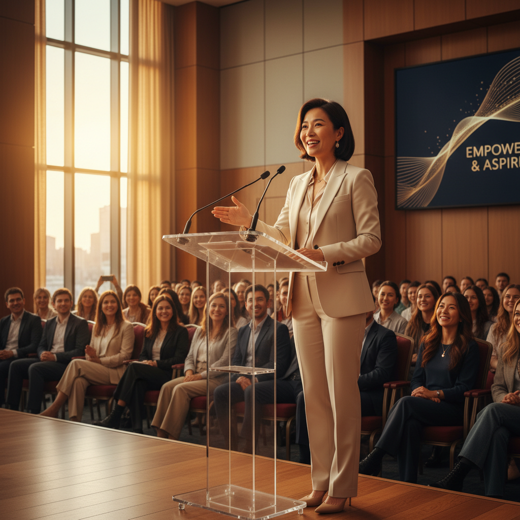 A warm, inspiring image of an Asian woman giving an inspirational speech. She stands confidently at a podium or in front of a room, gesturing expressively, with a bright and engaged expression. The audience is attentive and inspired. The lighting is warm and golden, creating an uplifting and empowering atmosphere. She is dressed in elegant professional attire. The setting feels modern and prestigious — a conference room, stage, or event space with warm tones.