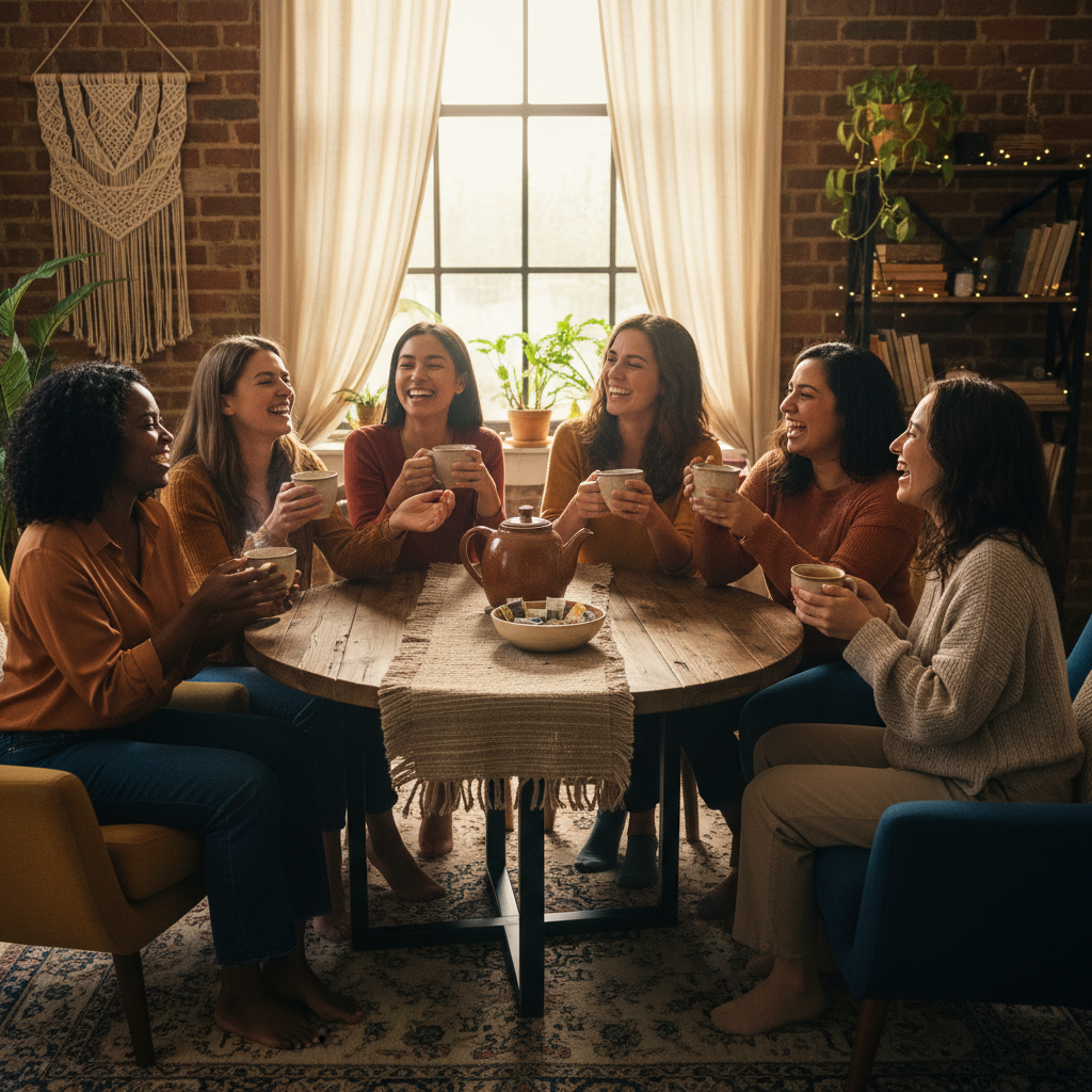 Diverse group of women smiling and sharing tea together around a cozy table in warm, golden light, representing community and connection