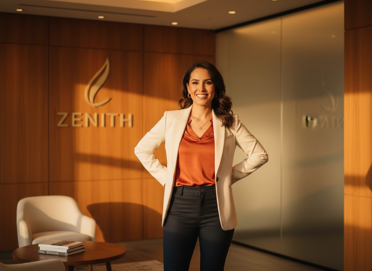 A professional, smiling woman in a warm, golden-lit setting. She is dressed in smart business casual attire, with a confident and approachable expression. The background features warm wooden tones, soft ambient light, and a cozy yet upscale atmosphere — perhaps a modern office or wellness clinic. The mood is empowering, warm, and inspiring.