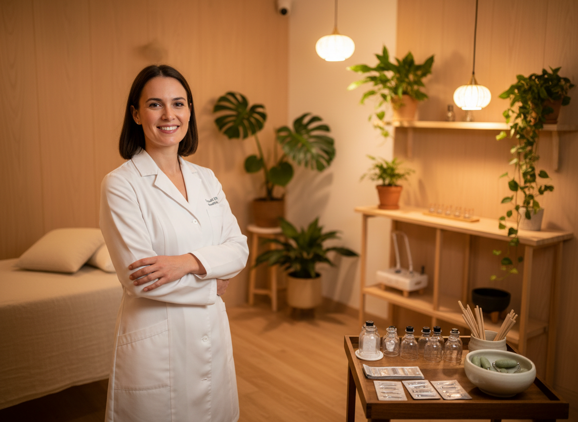 A smiling woman in a white doctor's coat standing in a warm, softly lit acupuncture studio. The studio has natural wood tones, warm ambient lighting, green plants, and acupuncture needles and tools visible in the background. She looks welcoming, professional, and calm.