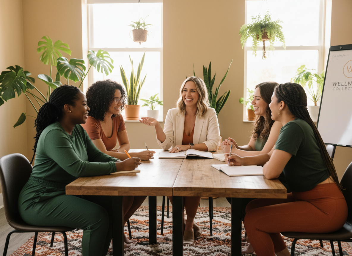 A warm, professional image of a woman wellness leader collaborating with her diverse team. She is seated at a table with other women, all engaged in an energetic, supportive discussion. The setting is a bright, modern wellness studio or office with warm natural light, plants, and earthy tones. The leader is confident, approachable, and clearly in her element — the mood is empowering, collaborative, and uplifting.