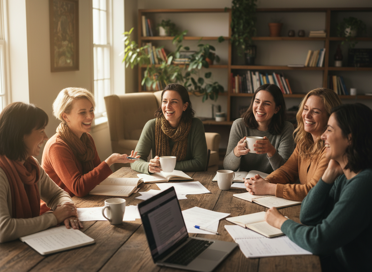 A warm, candid scene of a diverse group of women sitting around a table casually chatting and laughing over tea. Papers, notebooks, and open laptops are spread around the table. The setting is cozy and inviting with warm natural light, soft earthy tones, and a relaxed, collegial atmosphere. The mood is joyful, intellectual, and community-driven.