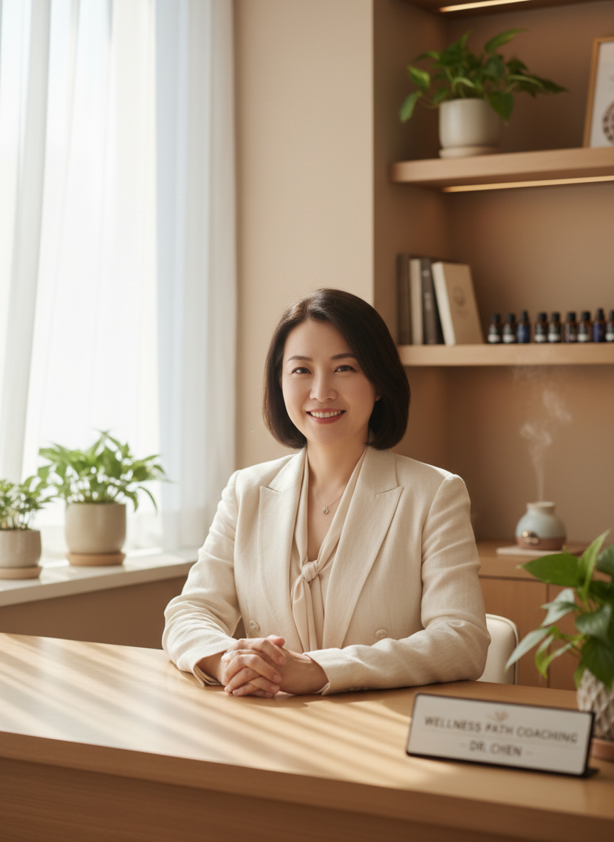 A warm, inviting scene of a professional woman in a wellness setting, perhaps a health practitioner or wellness coach at a bright, welcoming reception or office desk, smiling warmly, soft natural light, warm tones, professional yet approachable atmosphere