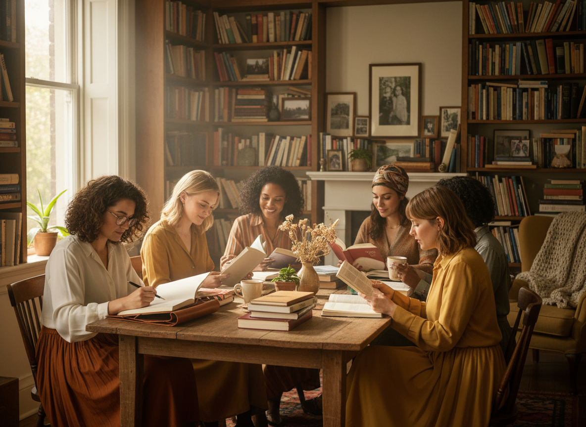 A warm, intimate scene of a diverse group of women sitting around a table together, casually reading books and journals, soft natural light, cozy and intellectually engaging atmosphere, warm tones, professional yet approachable, editorial feel